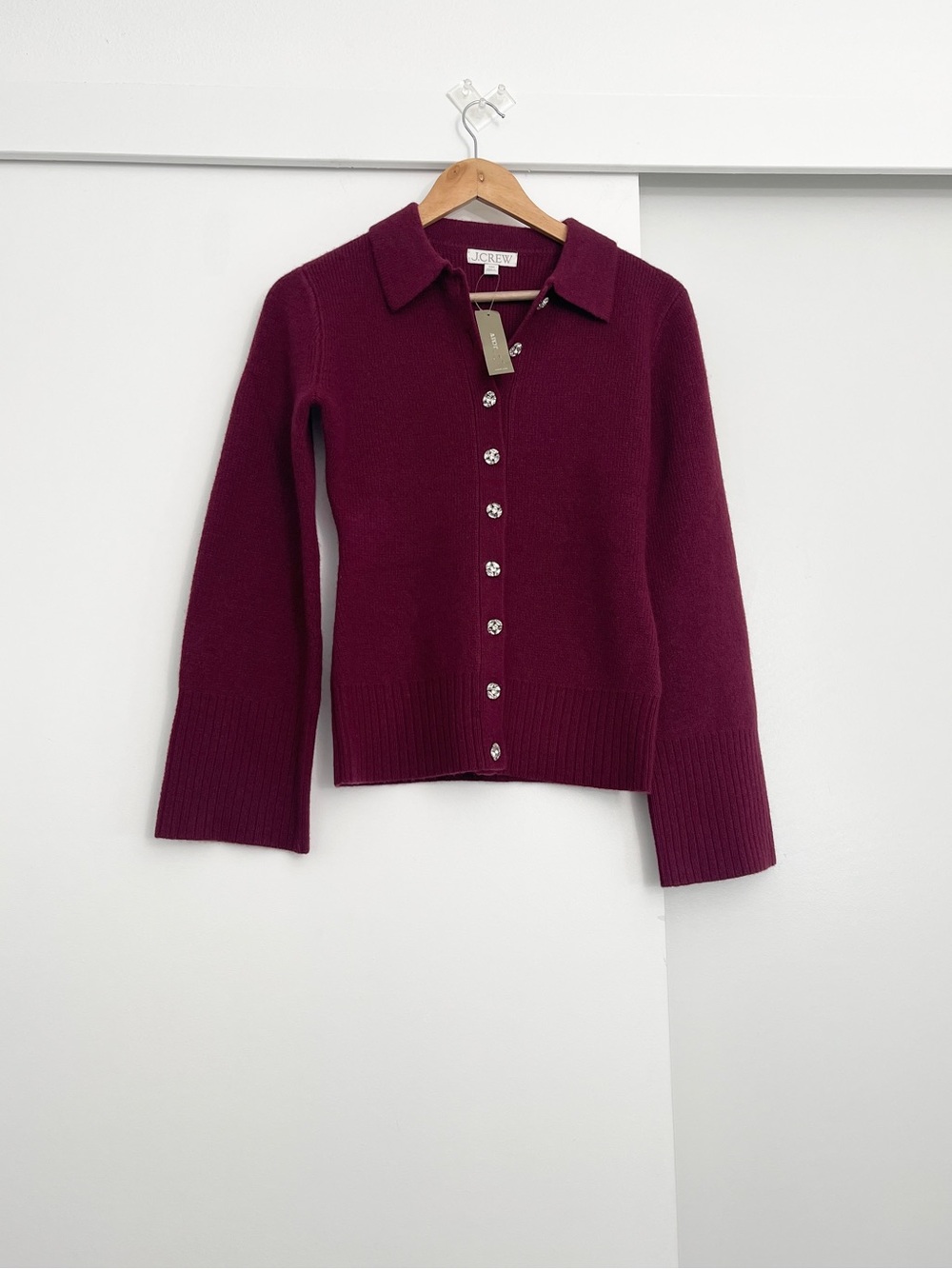 NWT J Crew 100% Lambs Wool Rhinestone Buttons Cardigan Stitch Sweater Size XXS
